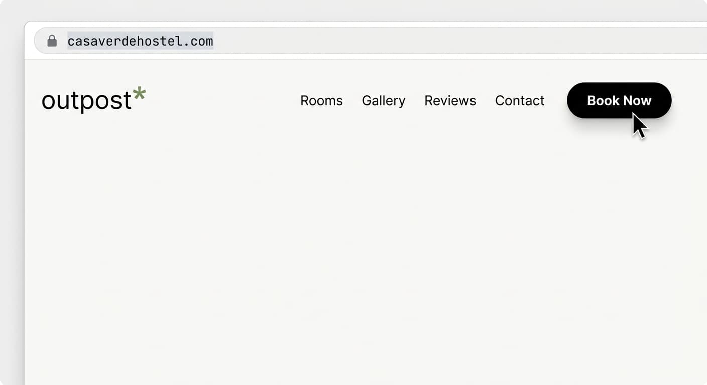 A hostel website header with its own domain and a cursor over the Book Now button