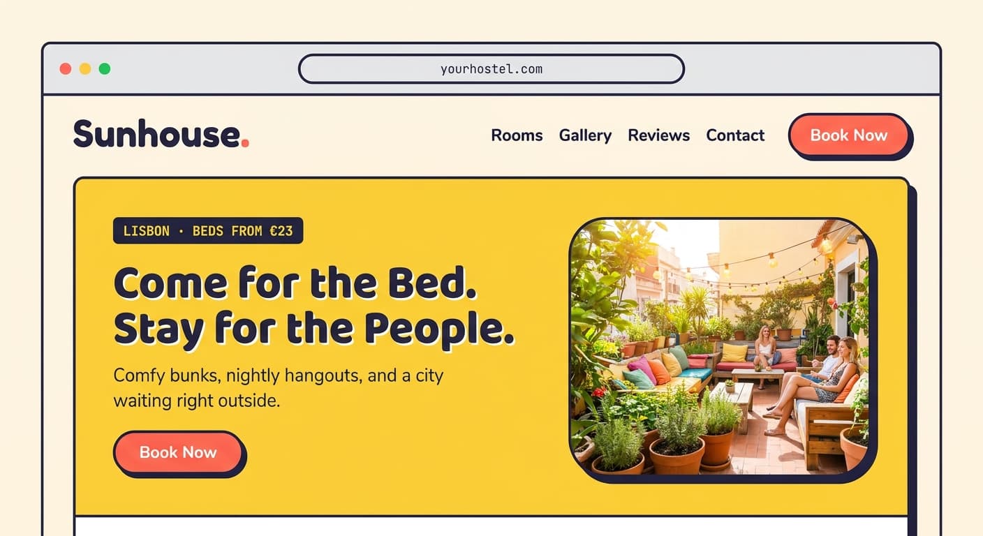 A finished hostel website in a browser window with a prominent Book Now button