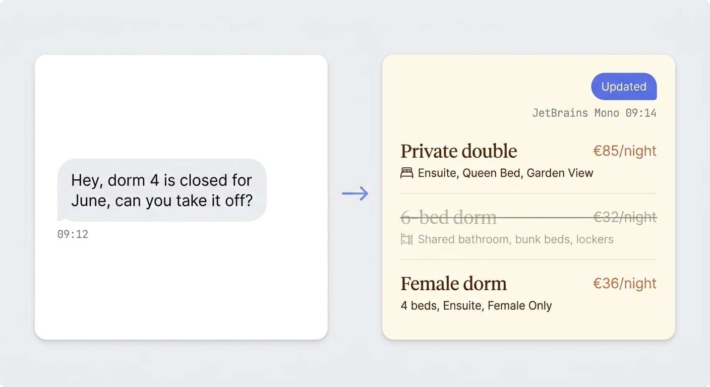 A chat message asking to close a dorm next to the site's rooms list already updated
